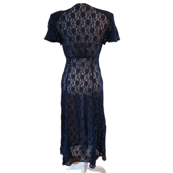 1990s Sheer Lace Dress Medium Navy Blue Button Up Fairy Whimsigoth Romantic - Picture 6 of 11